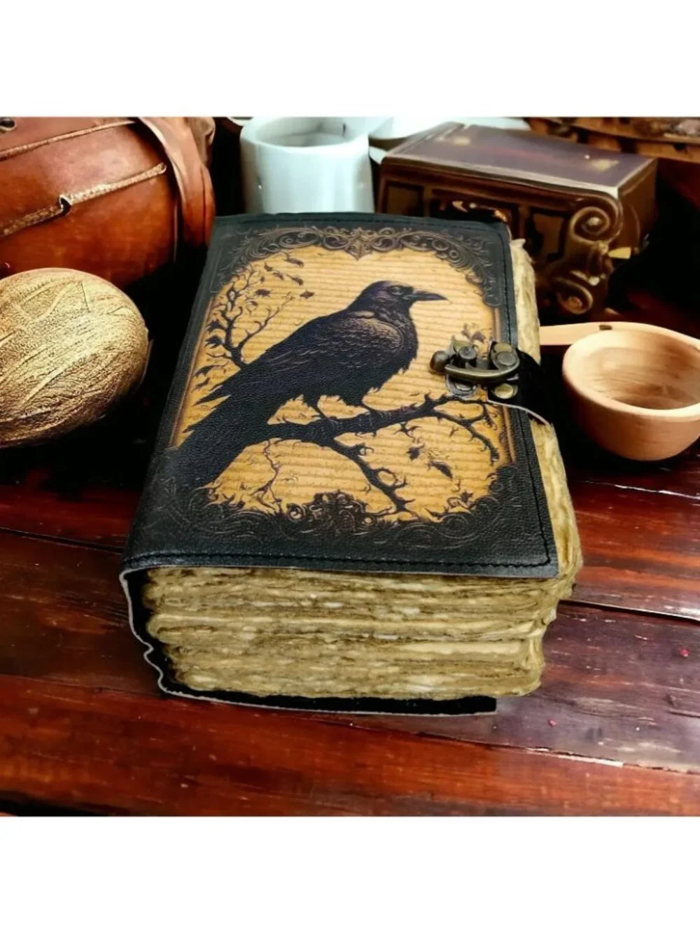 Raven Grimoire Journal Leather Gothic Book of Shadows Black Antique Brass Lock